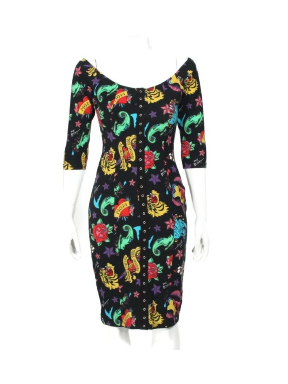 NWT BETSEY JOHNSON Mark Mahoney Tattoo Pinup Off Shoulder Bodycon Dress sz S 581